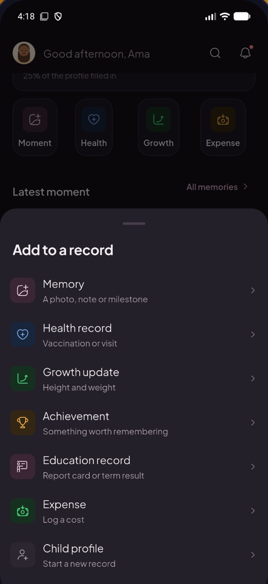 The add-to-record sheet with memory, health, growth and expense options
