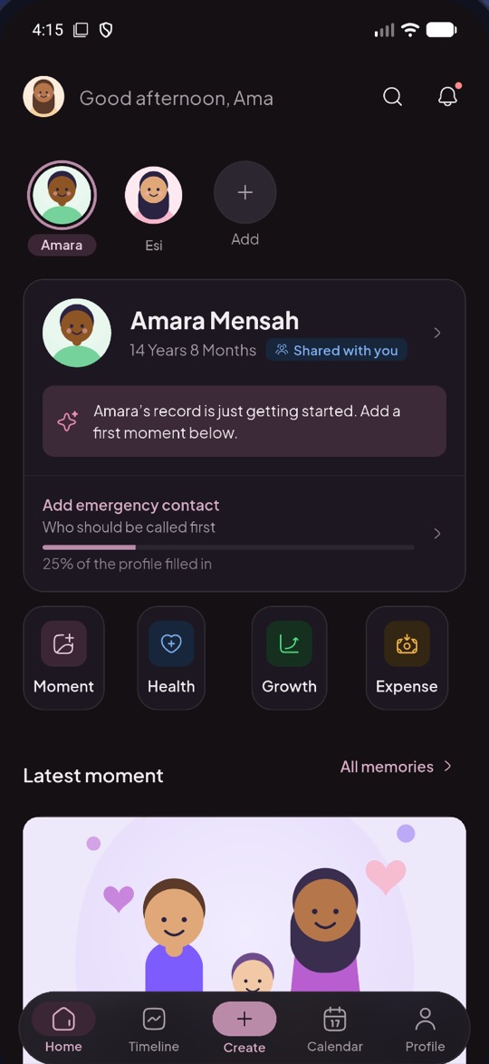 Vinenux app home screen with child profiles, quick actions and the latest moment